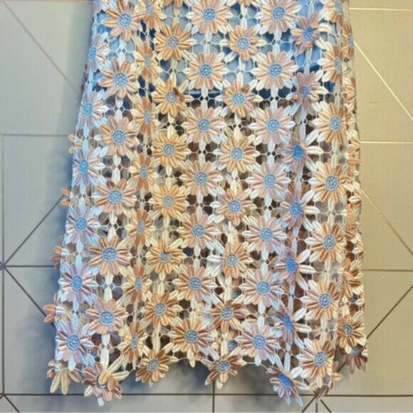 Self-Portrait 3D Floral Guipure Lace Off-Shoulder Midi Dress Pink Blue - Picture 6 of 11